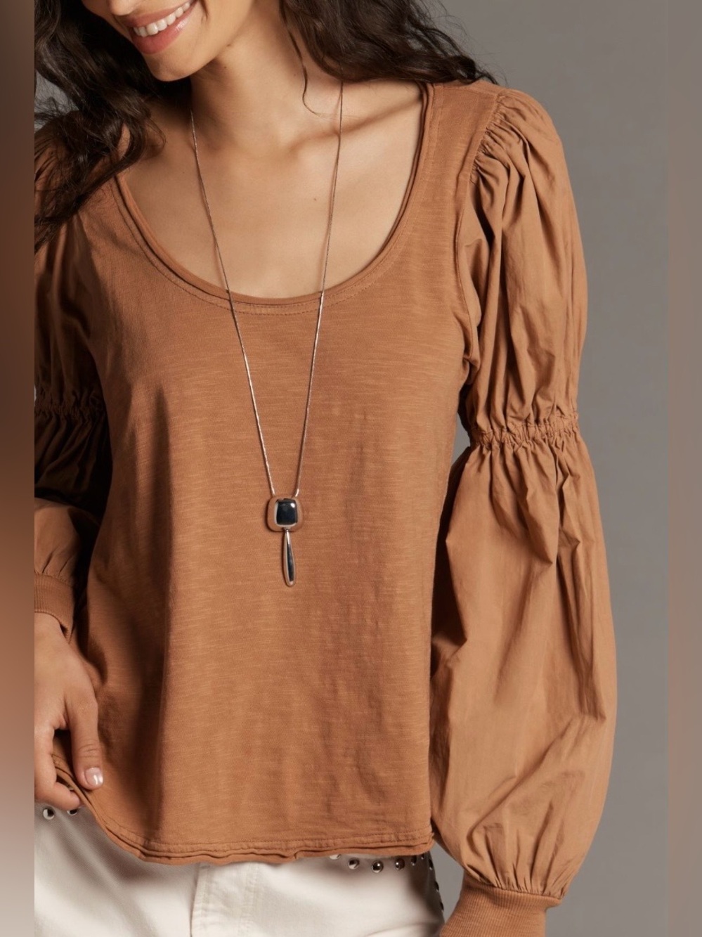 Pilcro Banded Puff-Sleeve Cotton Top Large NWT